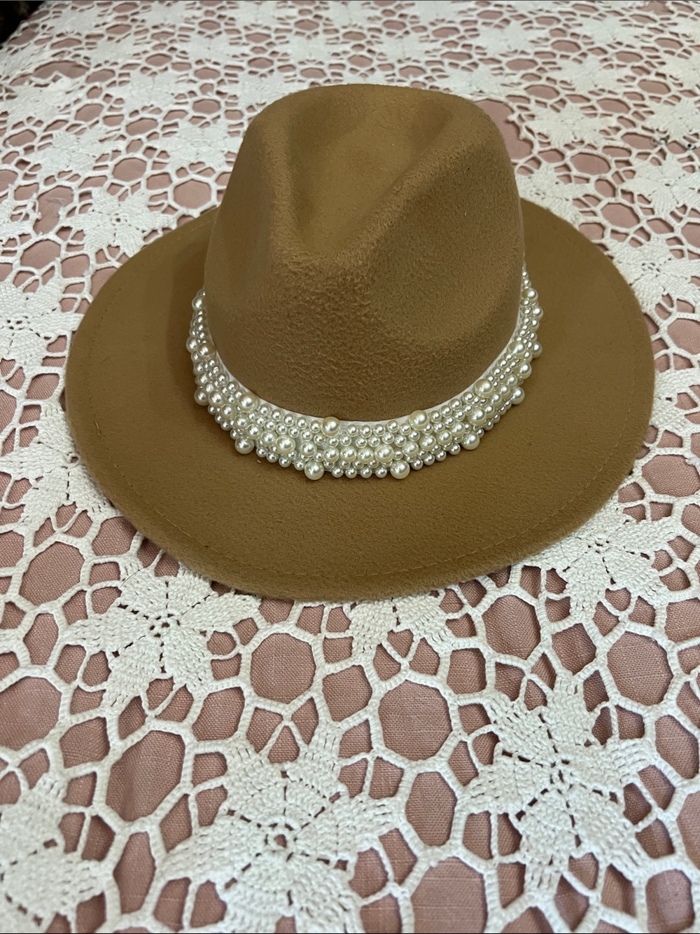 Pearl-Trim Brown Fedora Hat - Women Accessories